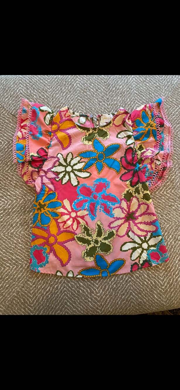 Jenny B Multicolor Vibrant Floral Print Trimmed Ruffle Sleeve Blouse XS